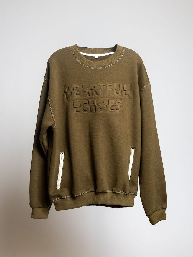Heartful Echoes Olive Green Long Sleeve Crewneck Sweatshirt with White Front Zipper Pockets