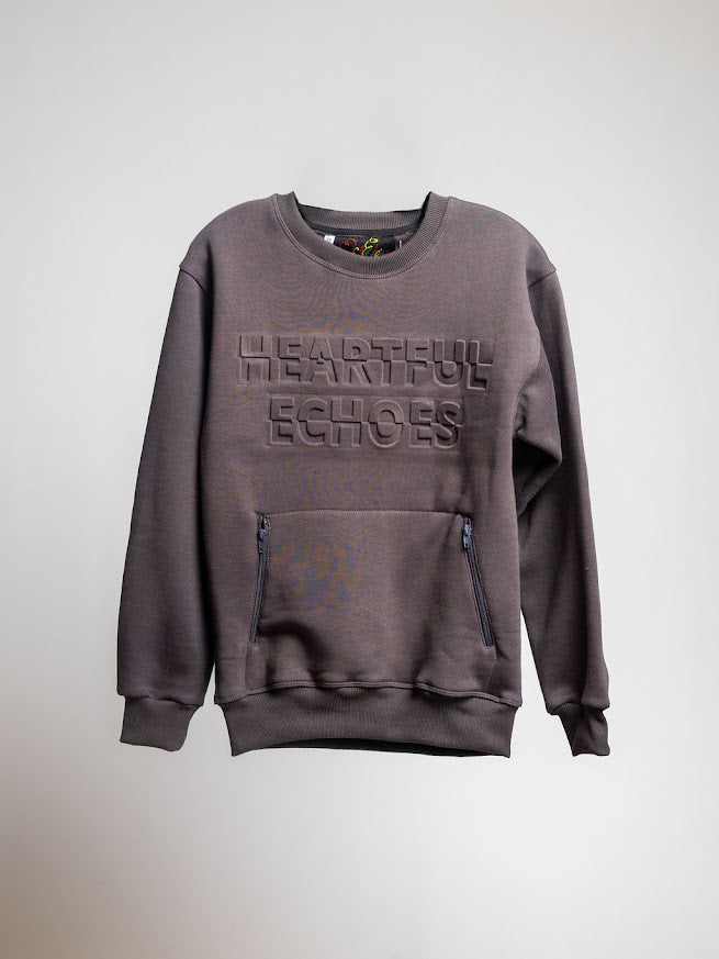 Heartful Echoes Black Long Sleeve Crewneck Sweatshirt with Front Zipper Pockets