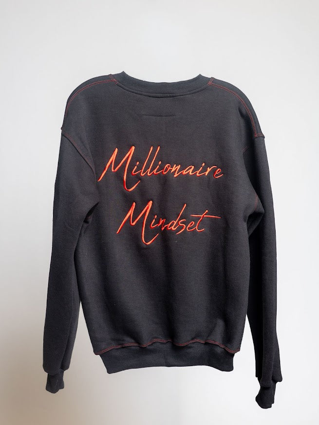 Heartful Echoes Millionaire Mindset Est. 2019 Black Red Long Sleeve Sweatshirt Crewneck with Red Front Zipper Pockets