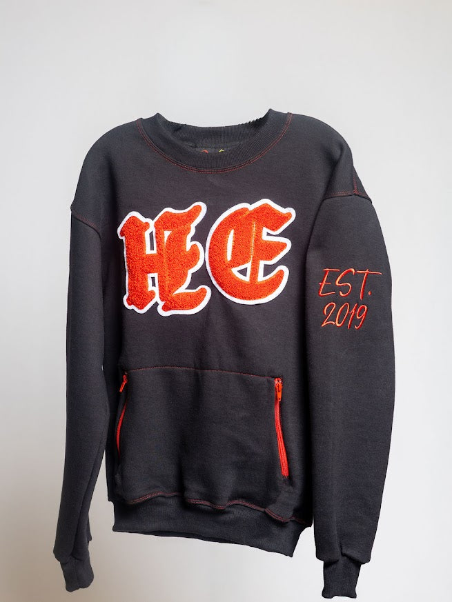 Heartful Echoes Millionaire Mindset Est. 2019 Black Red Long Sleeve Sweatshirt Crewneck with Red Front Zipper Pockets