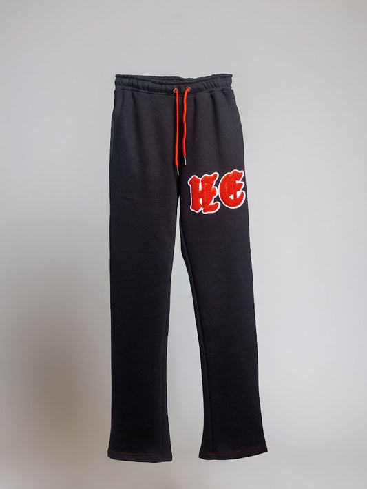 Heartful Echoes Black Stacked Sweatpants with Red Zipper Pockets and Drawstring