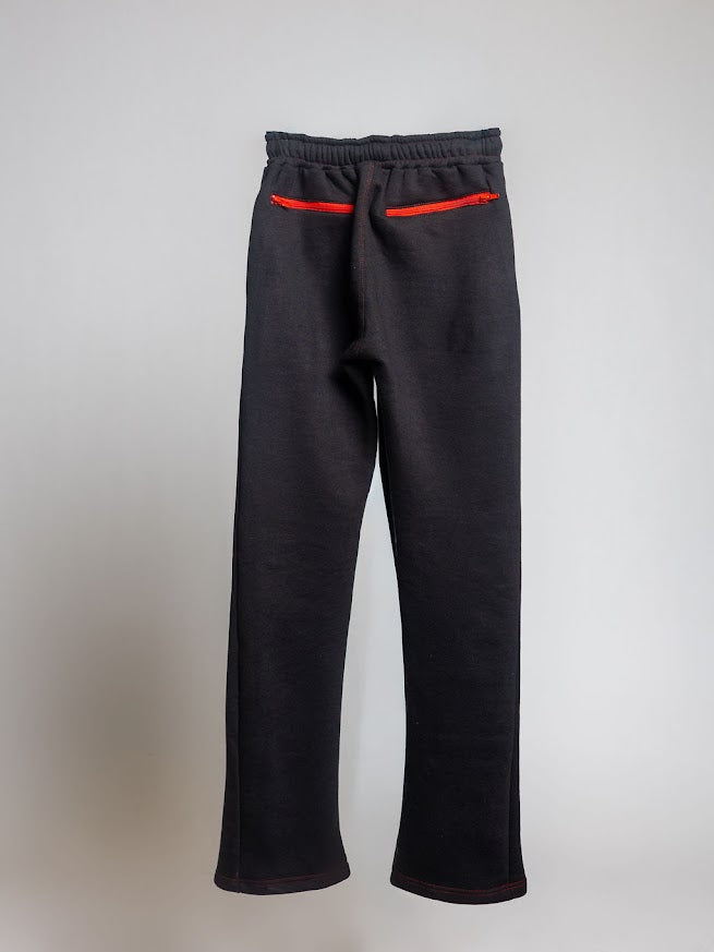 Heartful Echoes Black Stacked Sweatpants with Red Zipper Pockets and Drawstring