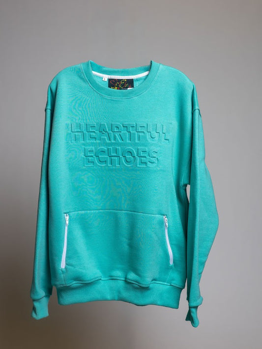 Heartful Echoes Teal Long Sleeve Sweatshirt Crewneck with White Front Zipper Pockets