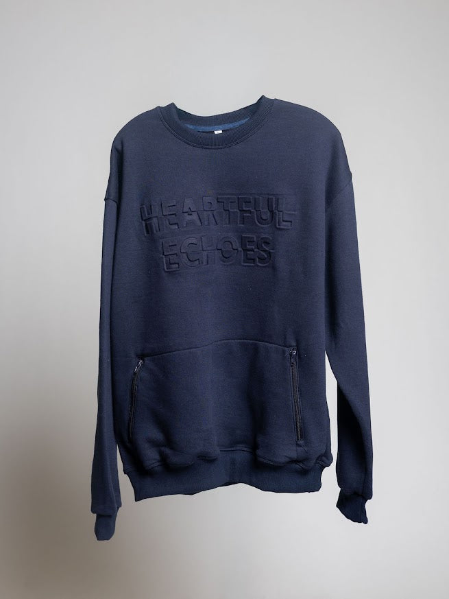 Heartful Echoes Navy Long Sleeve Sweatshirt Crewneck with Front Zipper Pockets