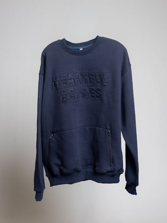 Heartful Echoes Navy Long Sleeve Sweatshirt Crewneck with Front Zipper Pockets