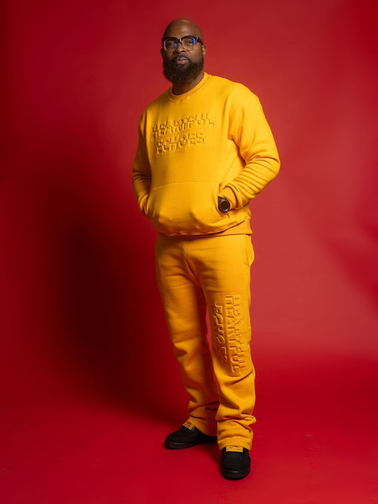 Heartful Echoes Mustard Long Sleeve Sweatshirt Crewneck with Front Pockets and Heartful Echoes Stacked Sweatpants Sold as Set