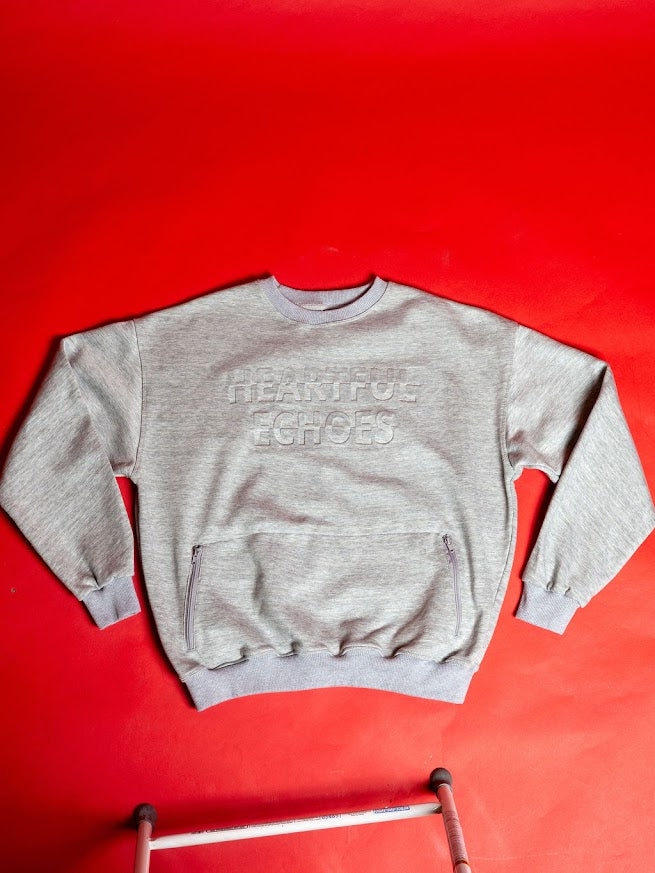 Heartful Echoes Gray Long Sleeve Crewneck Sweatshirt with Front Pockets